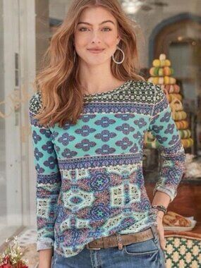 Sundance Thermal Romana Top Waffle Knit Long Sleeve Cotton Aqua Blue Mixed Print